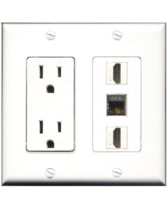 RiteAV - 15 Amp Power Outlet 2 Port HDMI 1 Port Shielded Cat6 Decorative Wall Plate - White