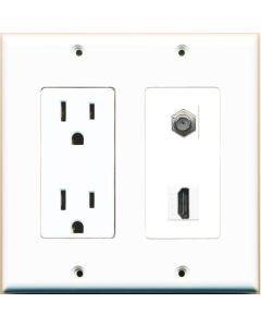RiteAV - 15 Amp Power Outlet and 1 Port HDMI Coax Cable TV- F-Type Decorative Wall Plate - White