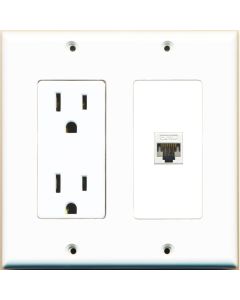 RiteAV - 15 Amp Power Outlet and 1 Port Cat5e Ethernet Decorative Type Wall Plate - White