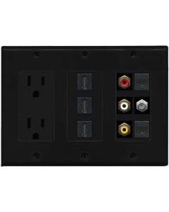 RiteAV Power 3 Port HDMI Composite 3-RCA A/V 2 Cat5e Ethernet Coax TV Wall Plate - Black